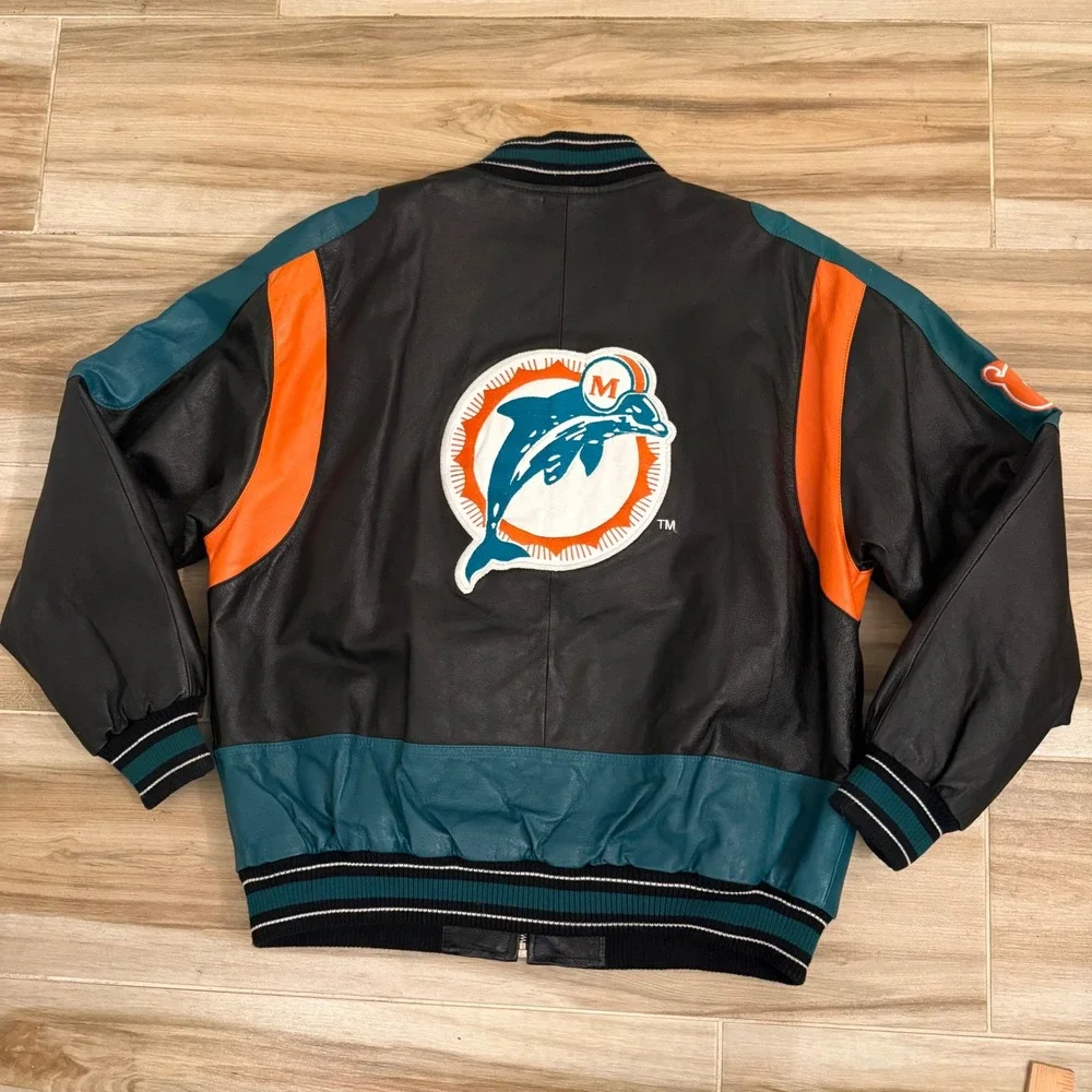 Vintage G-III Carl Banks Miami‎ Dolphins Leather Varsity Jacket Mens L Black NFL